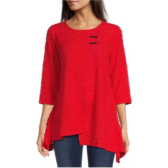 New Calessa Textured Puckered Knit 3/4 Sleeve Asymmetrical Tunic Shirt Sz XL - Picture 1 of 8